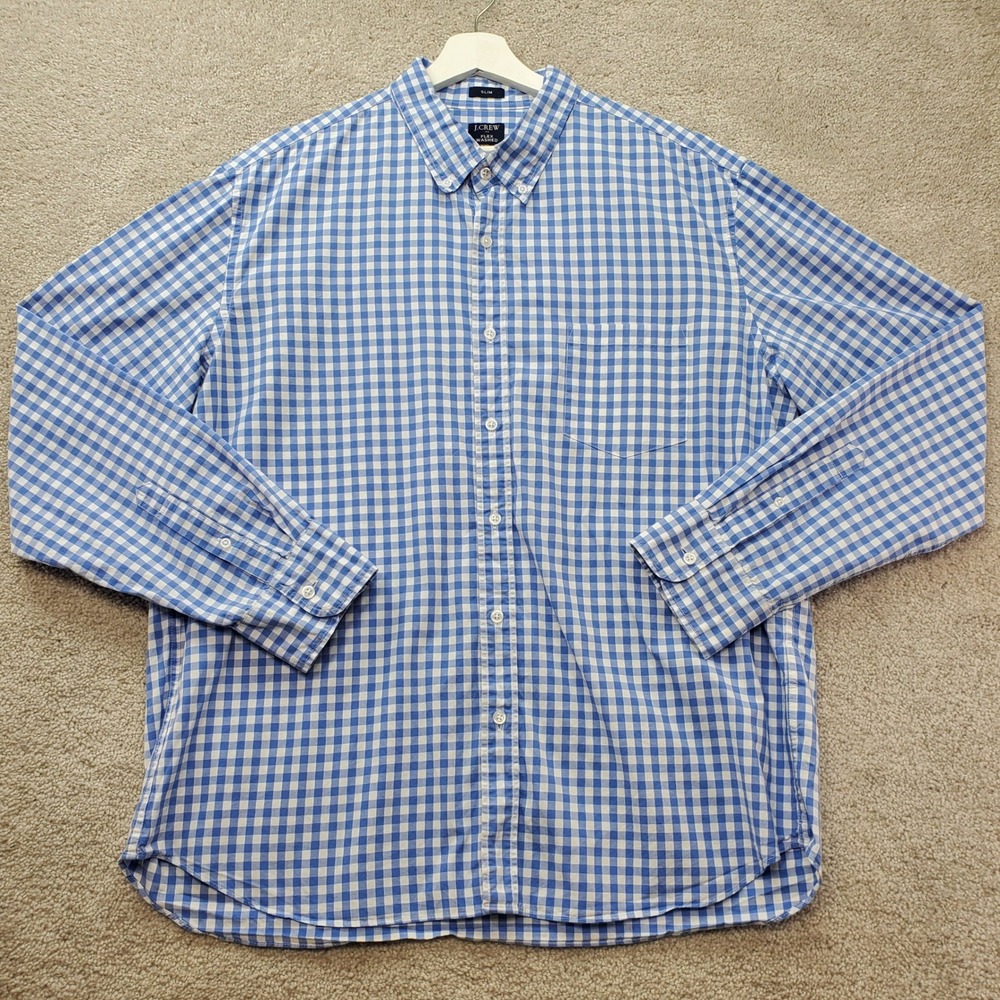 JCrew Button Down Shirt Mens XXL Blue Gingham Flex Washed Slim Fit Preppy Office